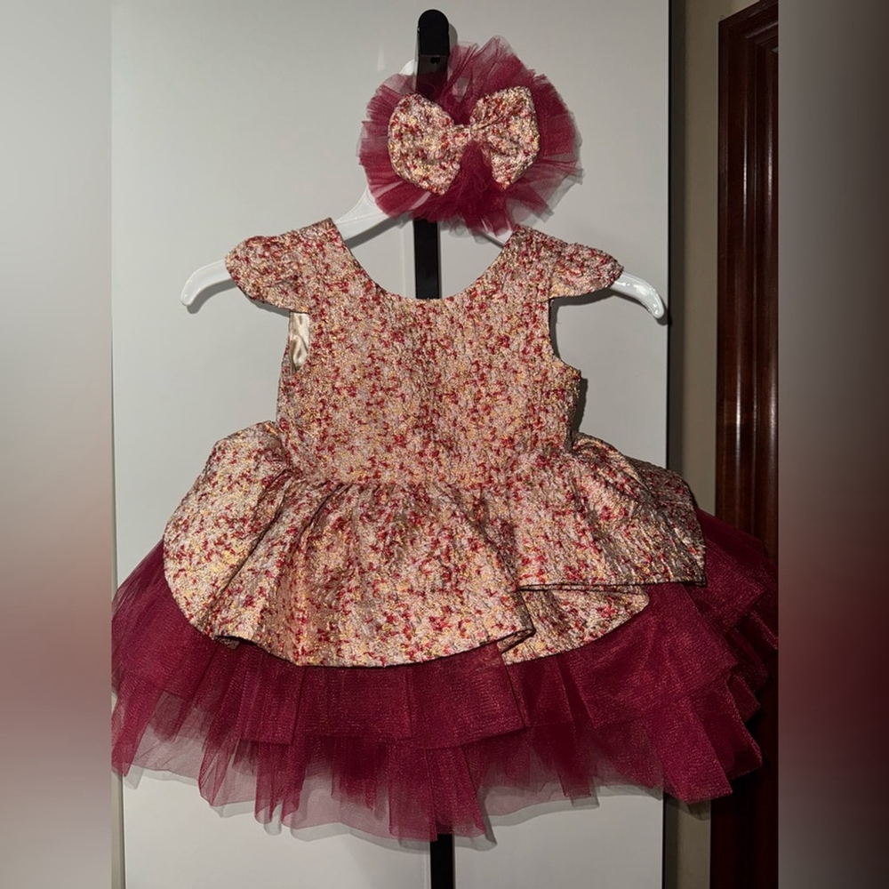 Handmade Floral Burgundy Kids formal Dress with Hairclip